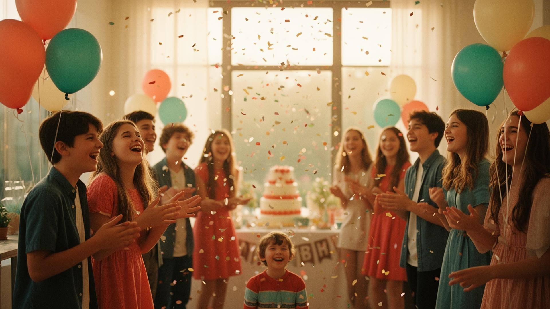 Teens and family celebrating a birthday with confetti and balloons